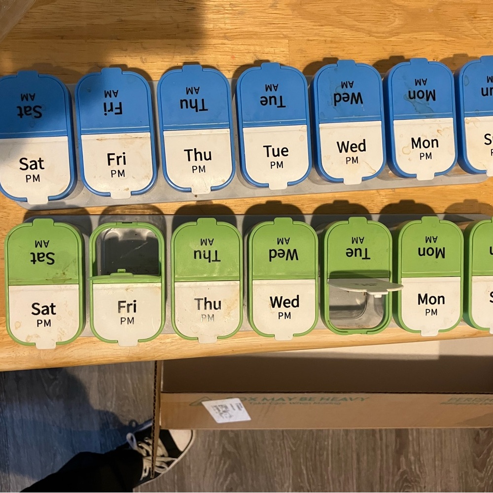 Weekly Pill Organizer with Blue and Green Compartments